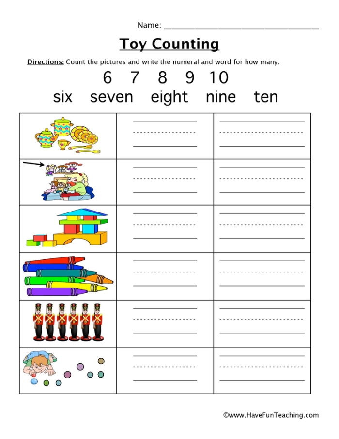 Counting toys on a worksheet for kindergarten students to enhance their numeracy skills