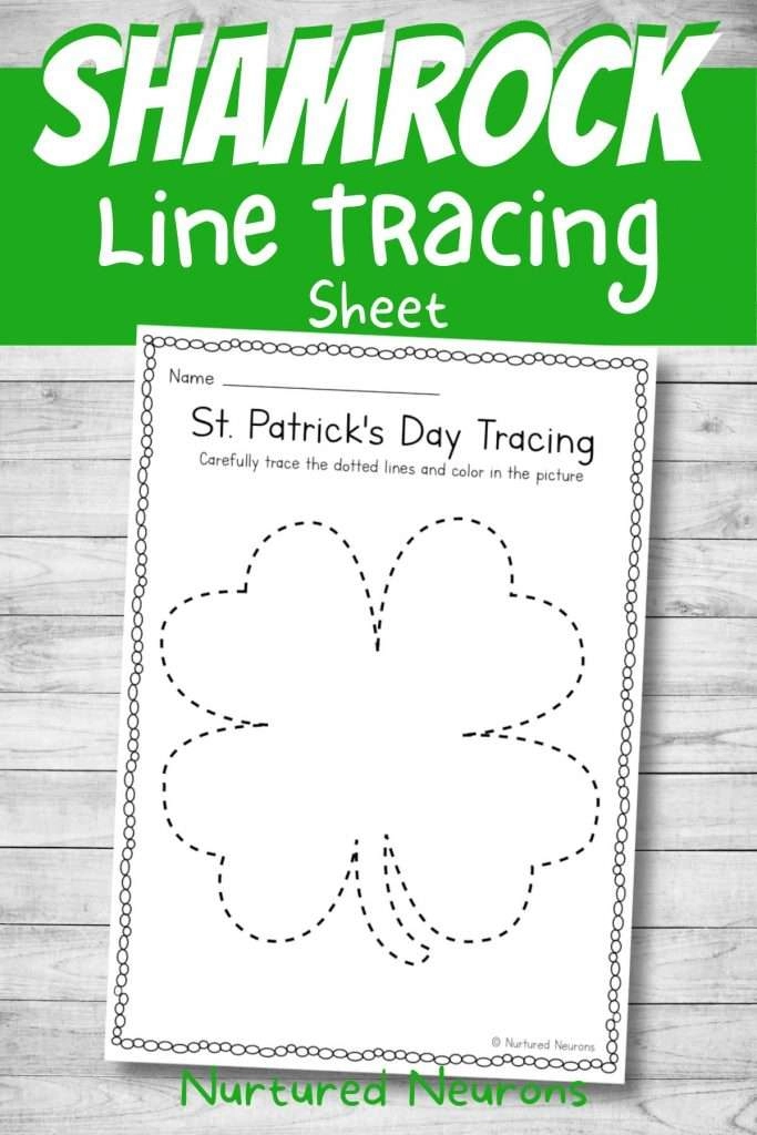Pre-K student tracing and coloring a shamrock shape on a St. Patrick's Day themed worksheet