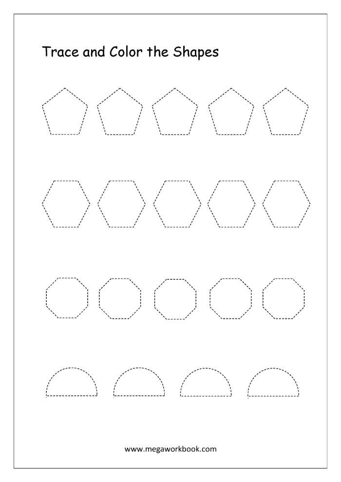 Interactive worksheet featuring shape tracing and coloring for Pre-K students
