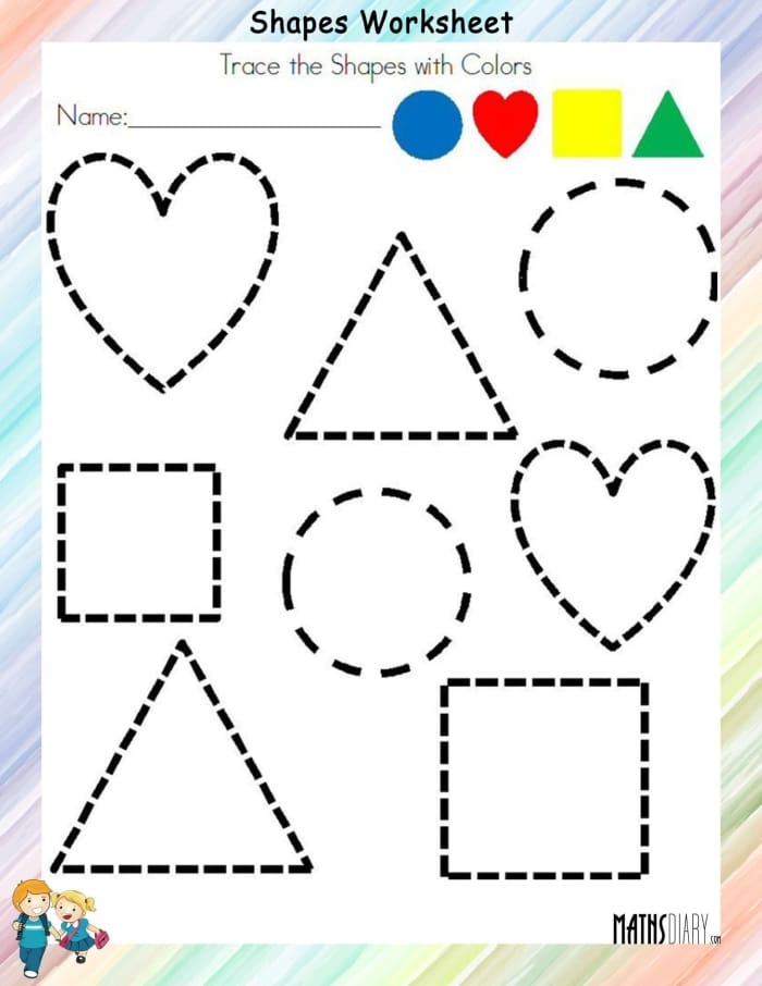 Pre-K students practice fine motor skills by tracing and coloring various geometric shapes on this worksheet