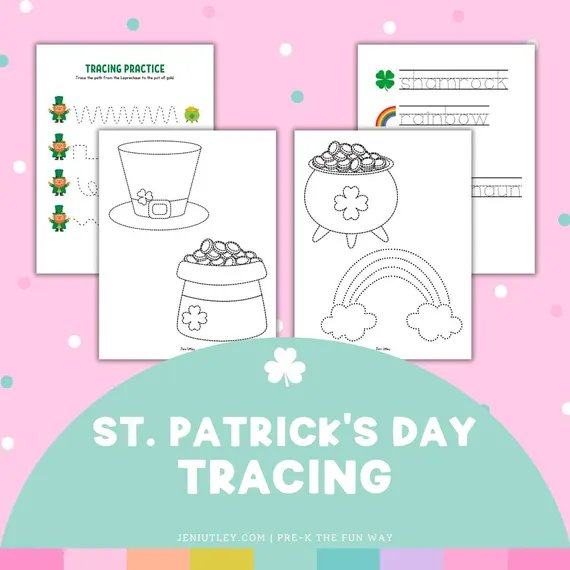Pre-K student tracing and coloring a shamrock shape on a St. Patrick's Day activity sheet