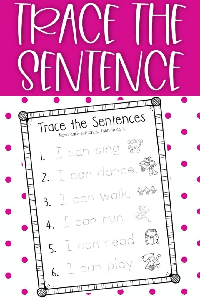 A worksheet for preschoolers to trace and read simple sentences for early literacy skills