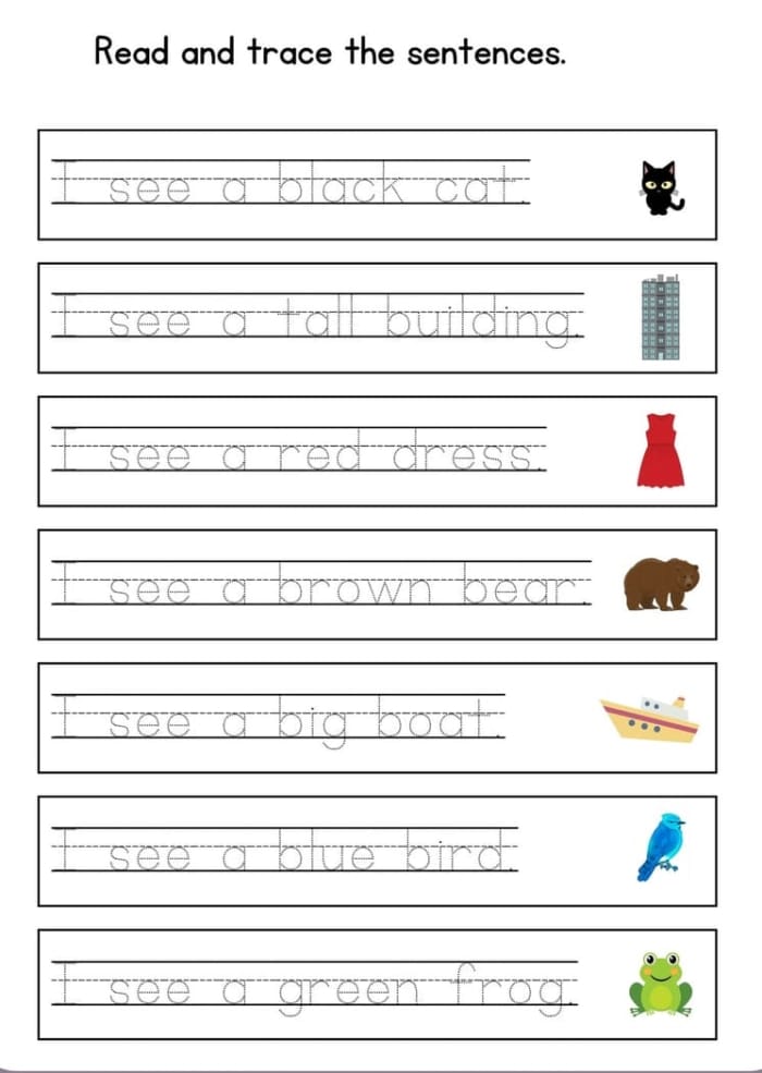 Worksheet for tracing sentences aimed at preschool and kindergarten students