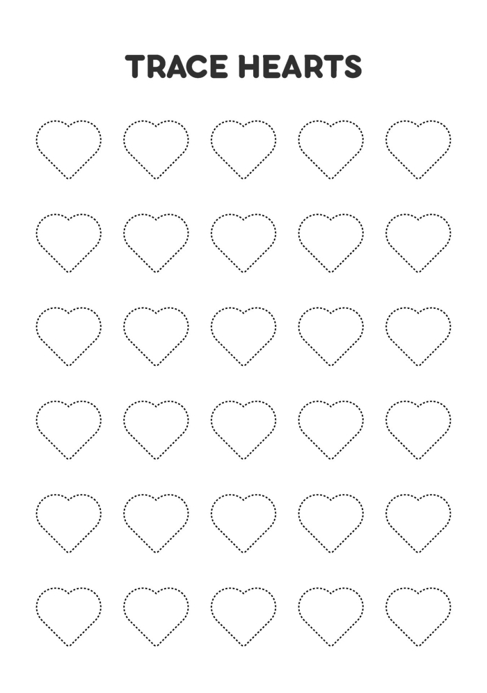 Trace the Heart worksheet for young learners number nine A pre-k student tracing a heart shape on a printable life science activity sheet