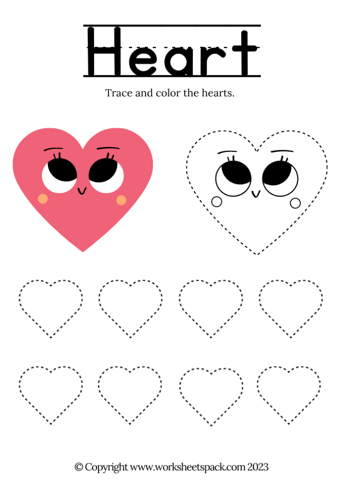 Trace the Heart Worksheet Activity Number Twenty-Two Pre-K student tracing a heart shape on a printable life science activity sheet