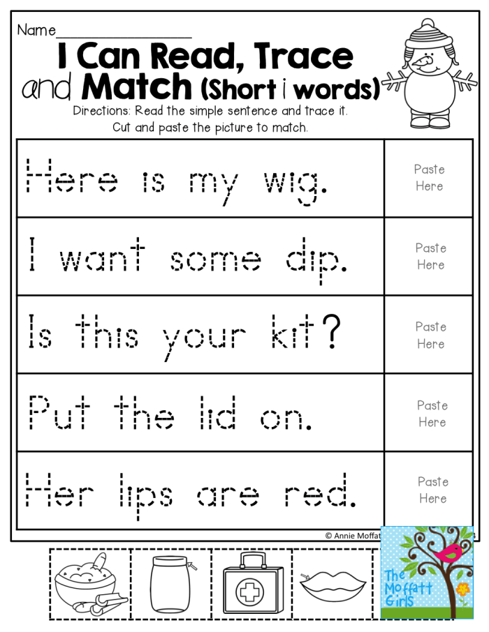 Pre-K student worksheet featuring simple sentences for children to read and practice tracing with a pencil
