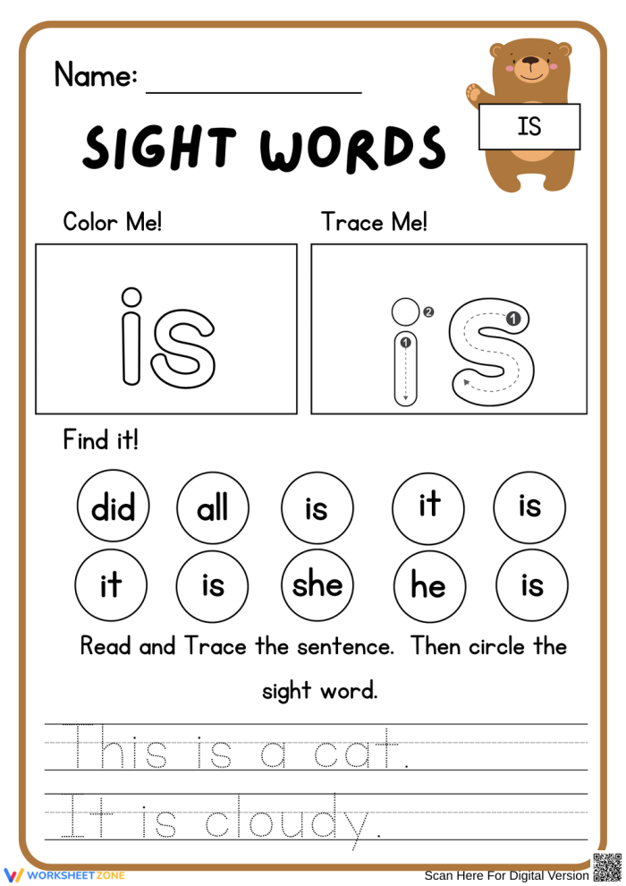 Pre-K student tracing the name Chloe Kim on a sports themed spelling worksheet