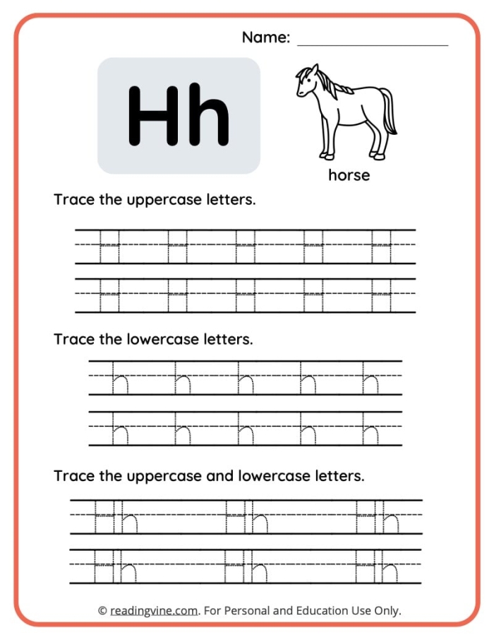 Handwriting practice worksheet featuring lowercase letters h, m, and n for early learners Tracing worksheet for lowercase letters h, m, and n designed for preschoolers