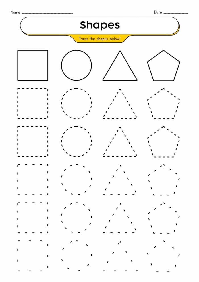 Pre-K student worksheet featuring dotted outlines of circles squares triangles and rectangles for tracing practice