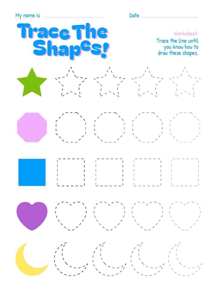 Tracing shapes worksheet featuring circles, squares, triangles, and rectangles for Pre-K students