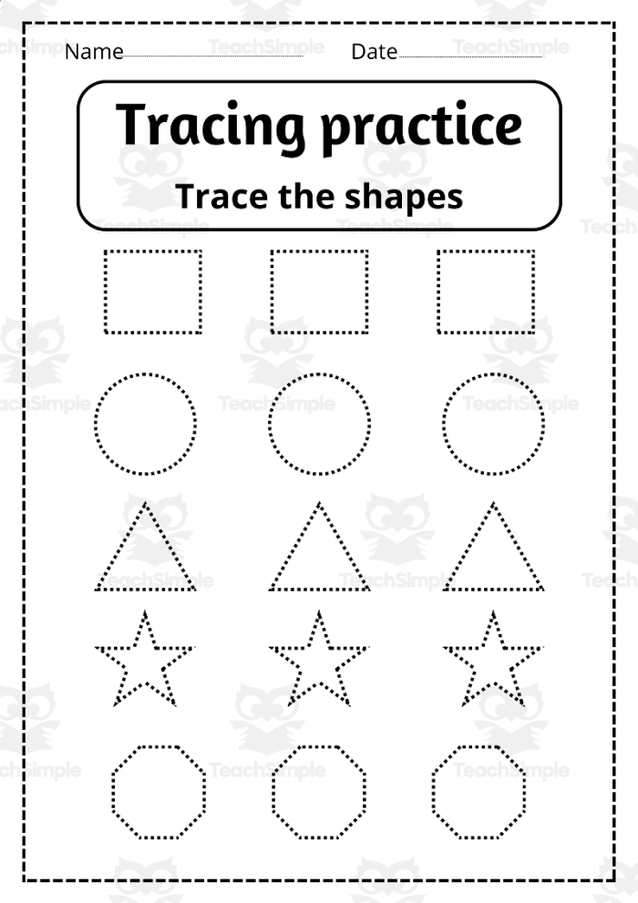 Pre-K student tracing circles squares triangles and rectangles on a basic shapes worksheet