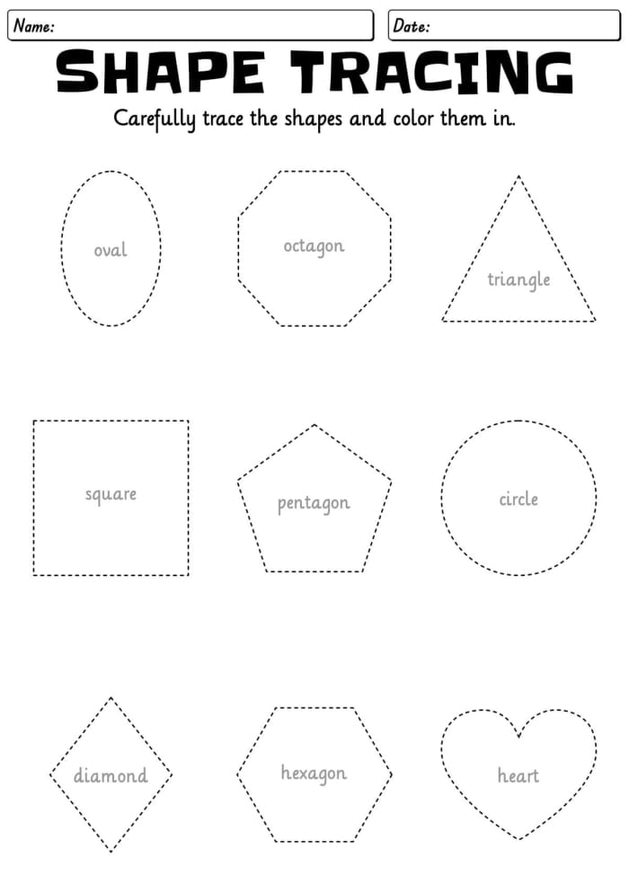 Tracing Basic Shapes worksheet for Pre-K students featuring circles, squares, triangles, and rectangles