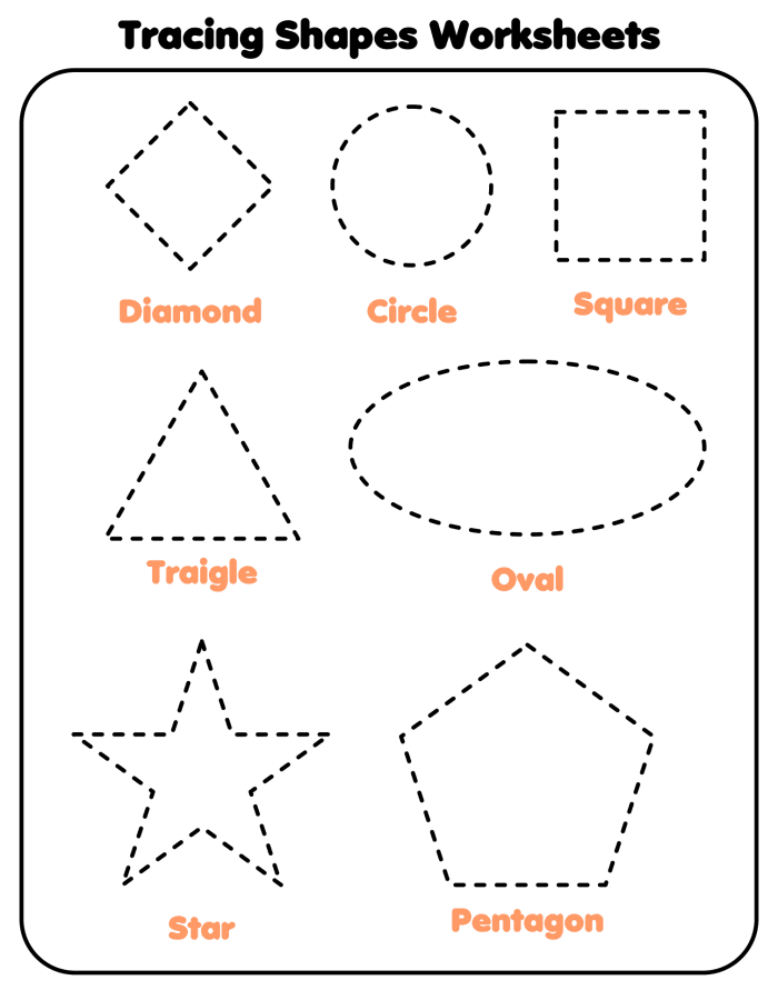 Tracing Basic Shapes worksheet for Pre-K students featuring circles, squares, triangles, and rectangles