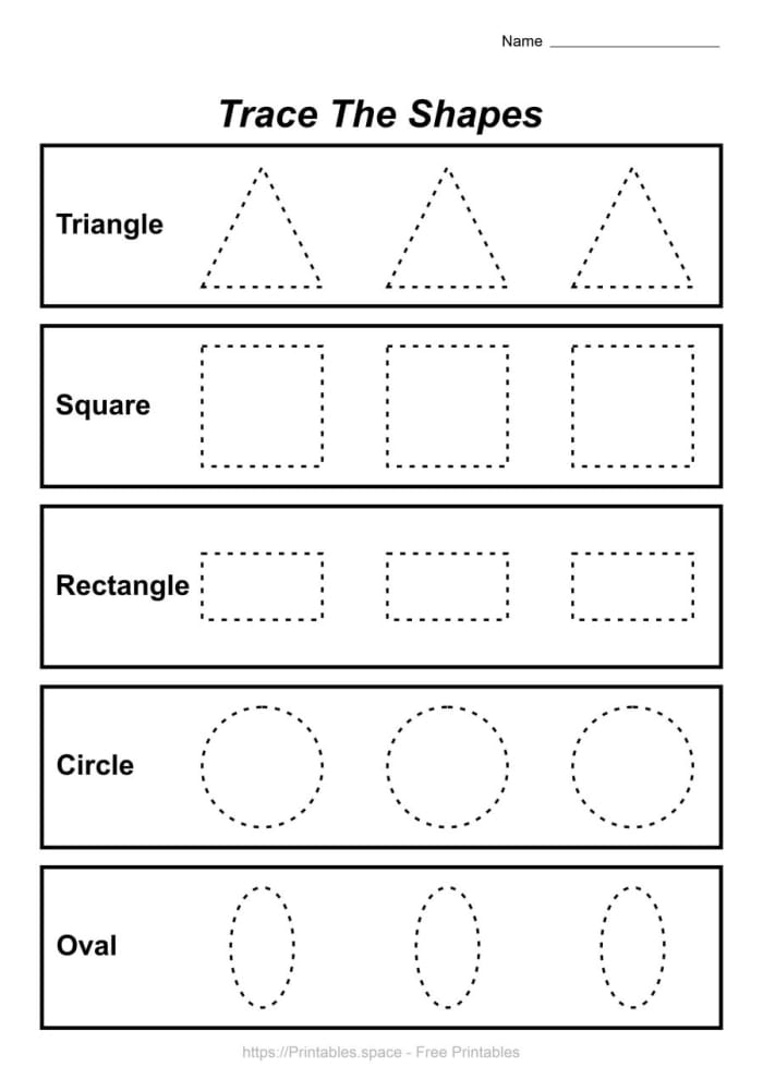 Pre-K student worksheet showing dotted lines to trace circles squares triangles and rectangles for lesson 22