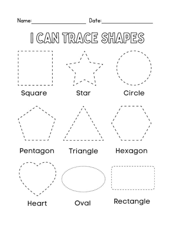Pre-K worksheet with dotted outlines of circles, squares, triangles, and rectangles for tracing practice
