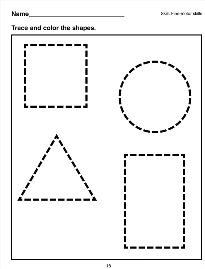 Pre-K worksheet with dotted lines for tracing circles squares triangles and rectangles