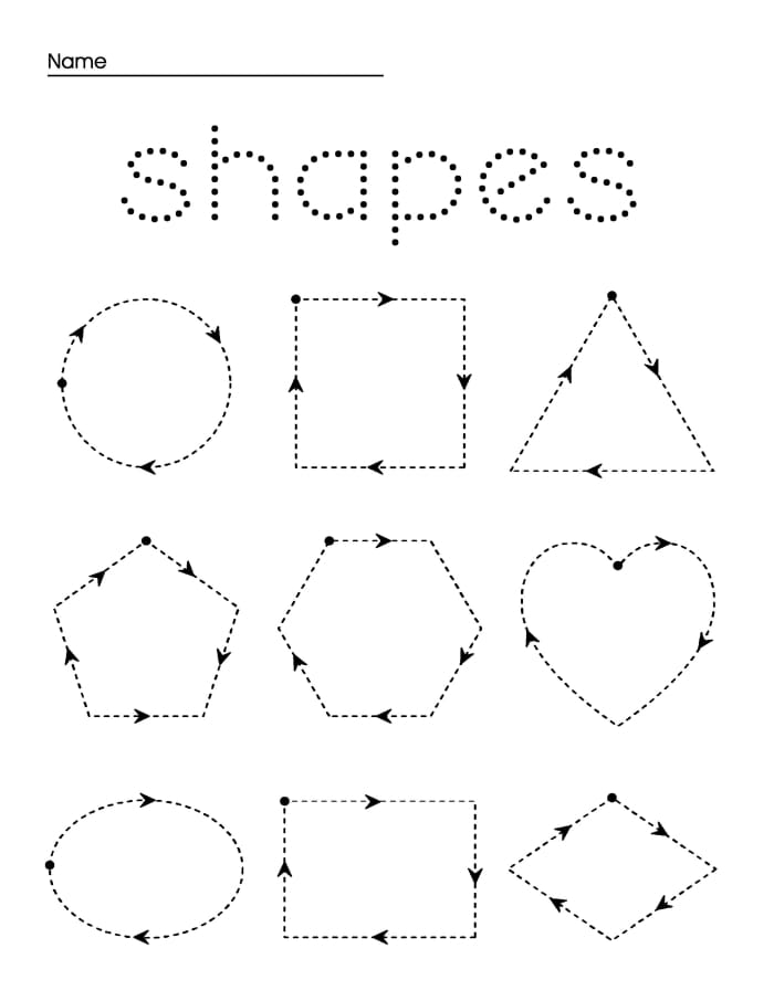 Pre-K student tracing circle square triangle and rectangle shapes on worksheet 10