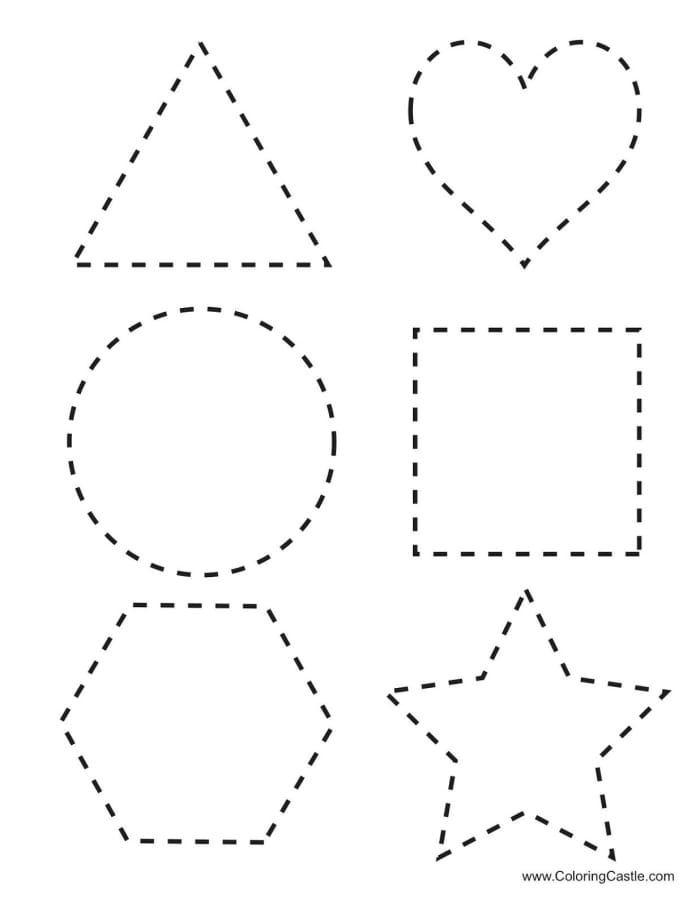 Tracing Basic Shapes worksheet for Pre-K students featuring circles, squares, triangles, and rectangles