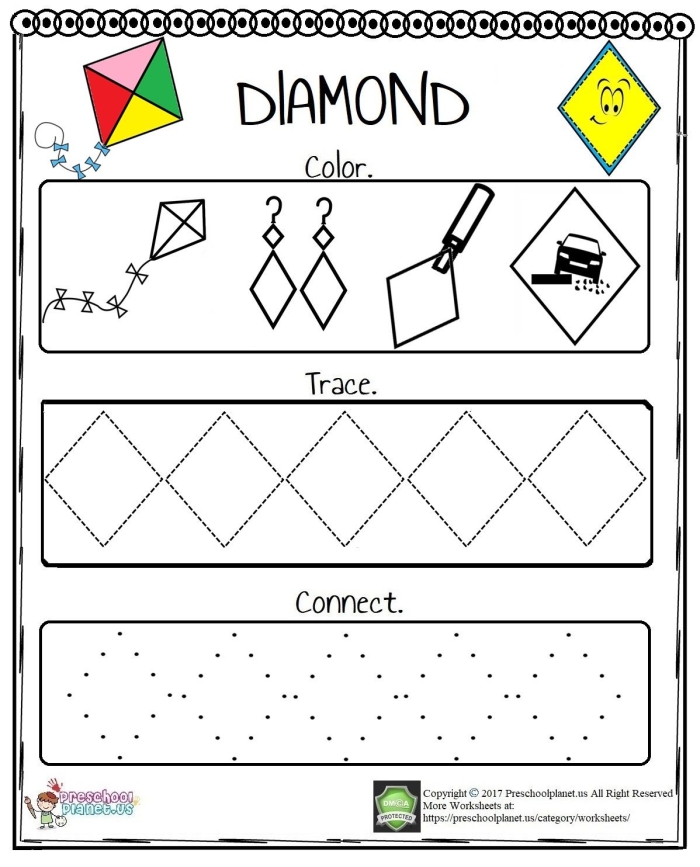 Tracing Diamonds worksheet designed for preschool handwriting practice
