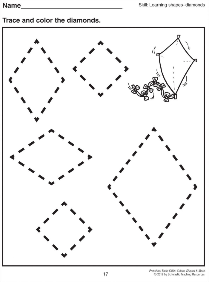 Tracing Diamonds worksheet for preschoolers to enhance handwriting skills and shape recognition