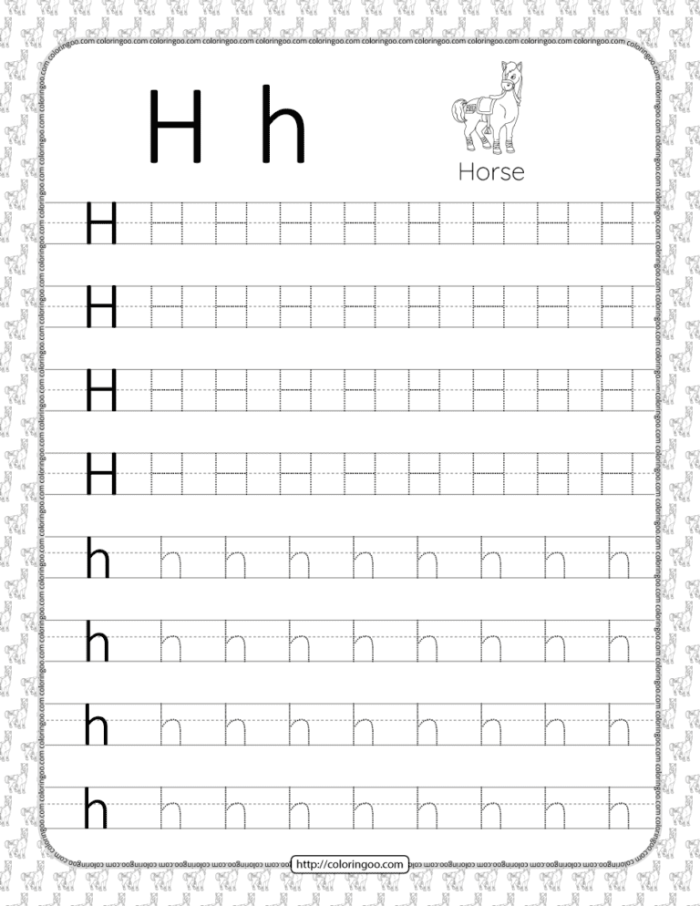 Practice tracing the letter H to enhance writing abilities for preschoolers Worksheet for tracing the letter H to develop fine motor skills in pre-K children