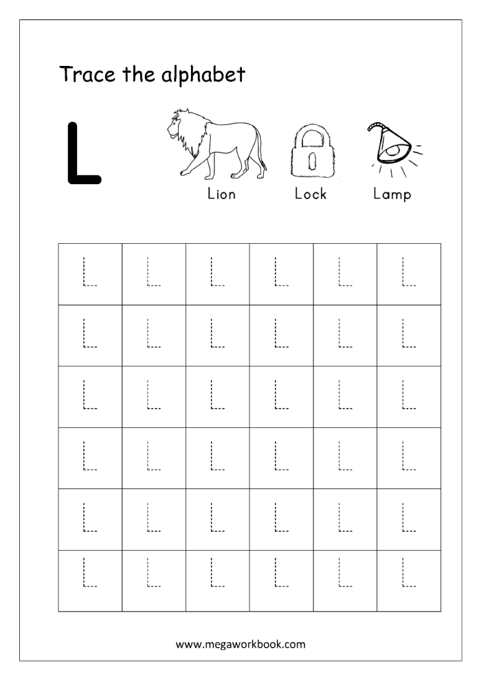 Tracing practice worksheet for preschoolers to learn the letter L and enhance fine motor skills