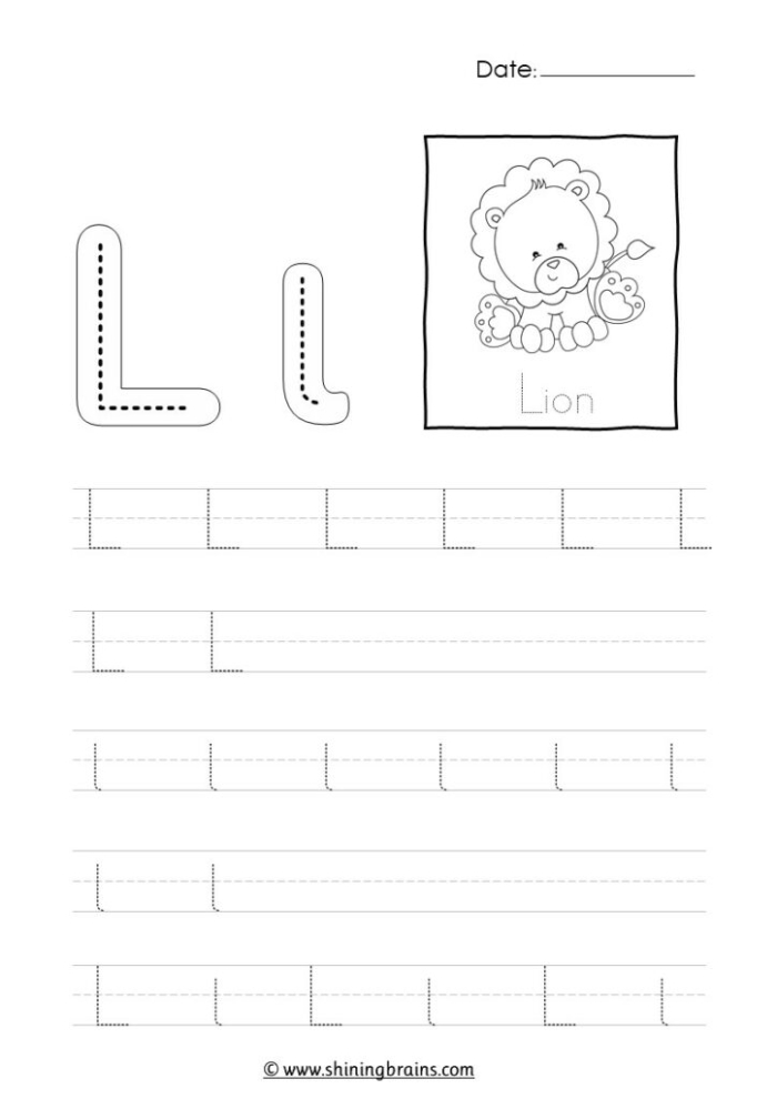 Worksheet for tracing the letter L to enhance fine motor skills in preschoolers