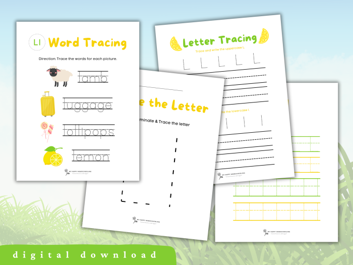 Kids practicing tracing the letter L on a colorful worksheet
