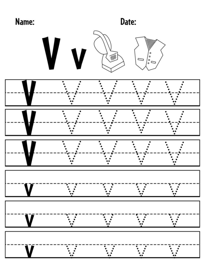 Practice Tracing the Letter V Worksheet 15 for Pre-K Students Pre-K student tracing worksheet featuring lines and the letter V for letter formation practice