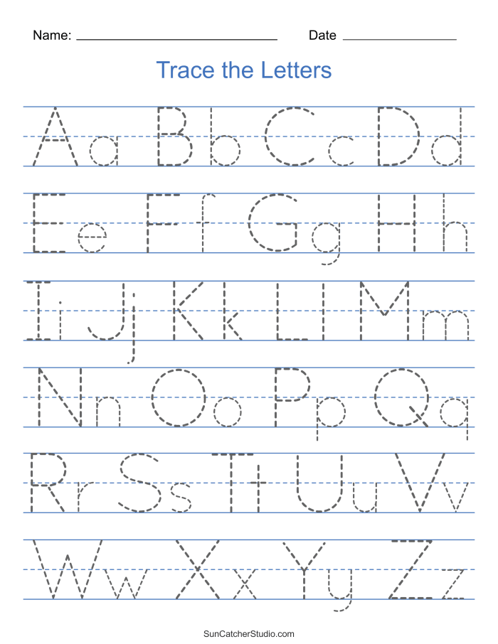 Tracing letters worksheet for preschoolers focusing on the letter A