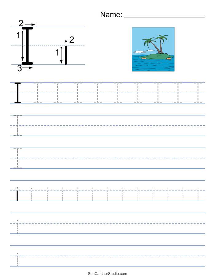 Tracing letters I, H, and T on a Pre-K worksheet designed to enhance handwriting skills