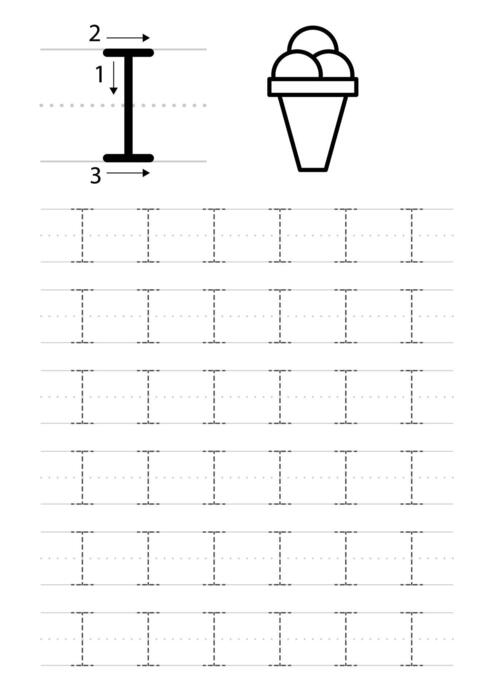 Tracing Letters I, H, T worksheet for Pre-K students focusing on handwriting skills