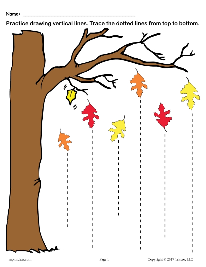 Children tracing lines from colorful leaves to the ground on a fall-themed worksheet