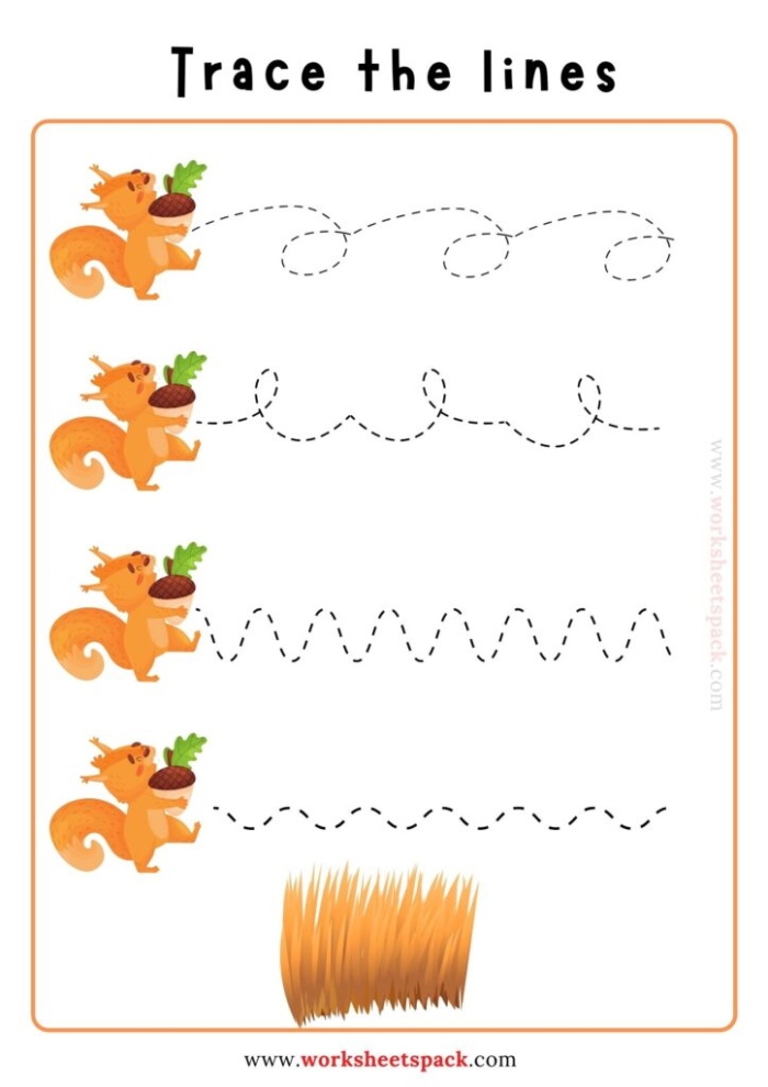 Children tracing lines from colorful leaves to the ground in a fall-themed worksheet
