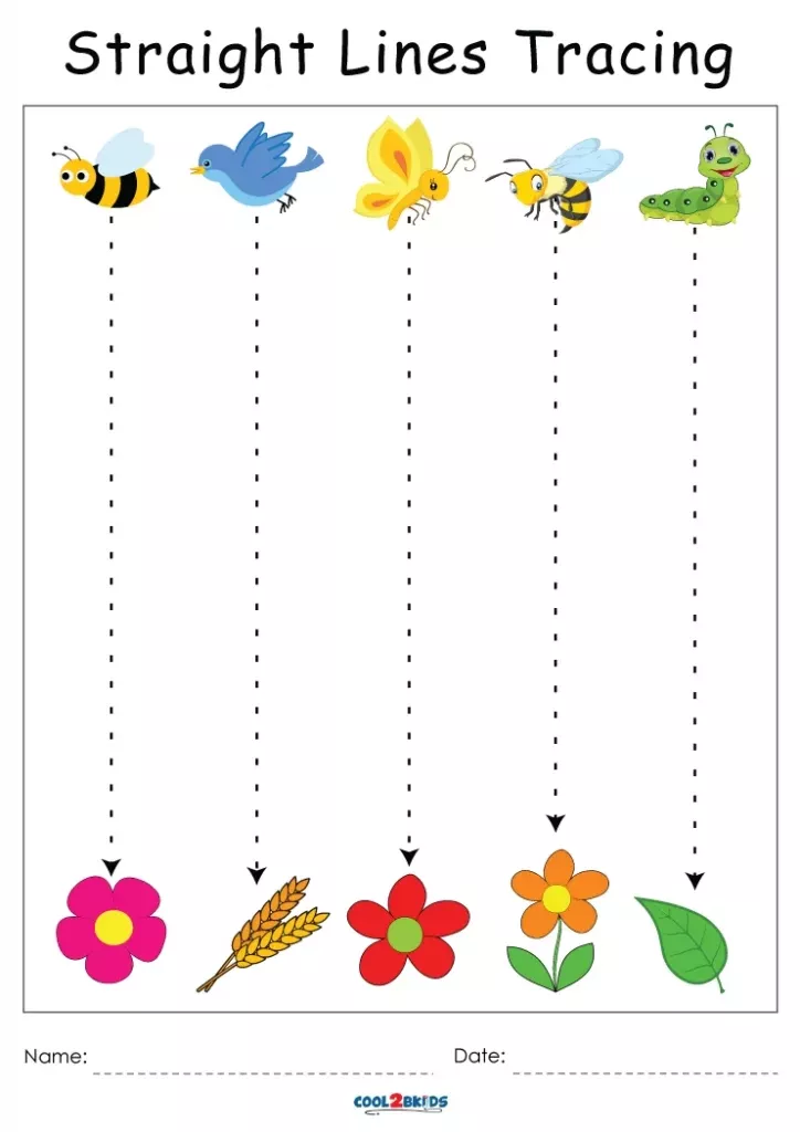 Children's hands tracing lines from colorful leaves to the ground on a fall-themed worksheet