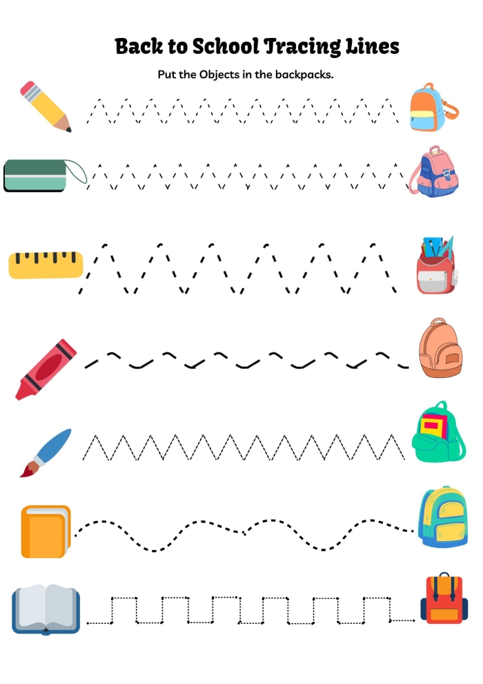 Children's fall tracing lines worksheet featuring leaves and ground
