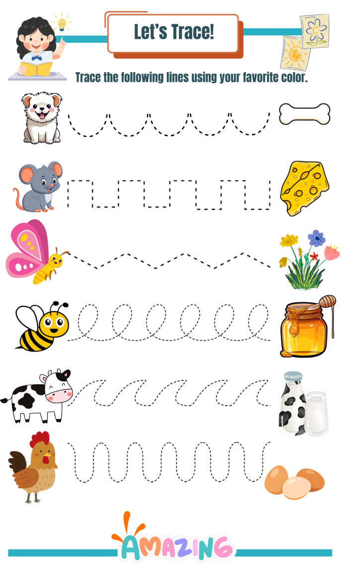 Children's tracing worksheet featuring lines from leaves to the ground in a fall theme