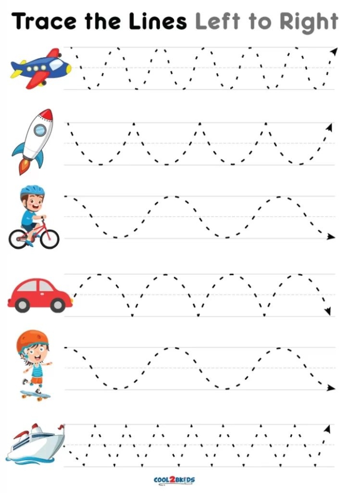 Children tracing lines from colorful leaves to the ground in a fall-themed worksheet
