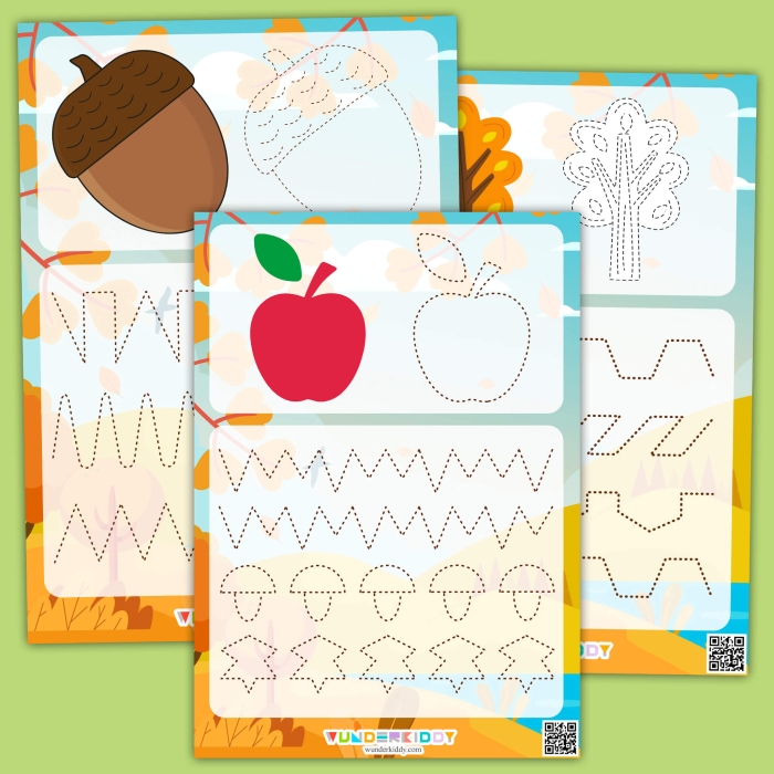 Kids practicing tracing lines from colorful leaves to the ground in a fall-themed worksheet