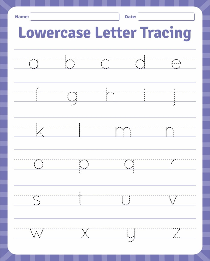 Children tracing lowercase letters A to Z on an alphabet blocks worksheet