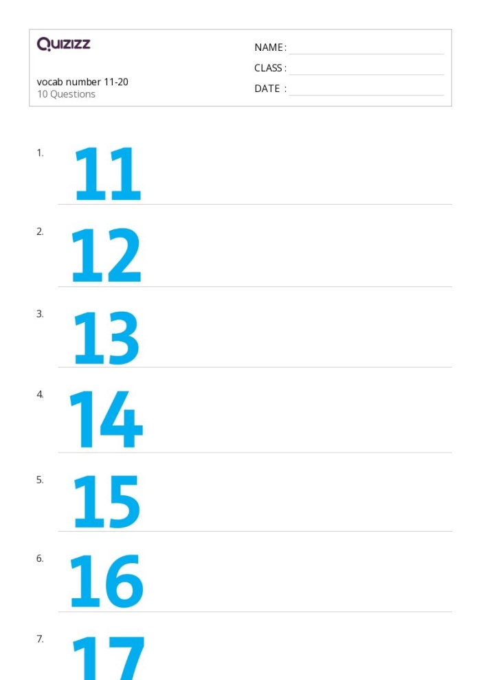 Worksheet for first graders to practice writing numbers 11-20 with tracing activities