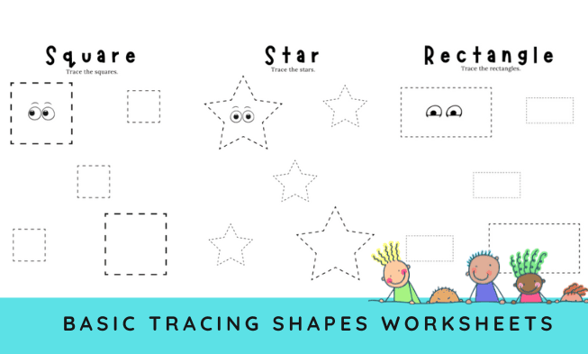 Tracing worksheet featuring basic shapes for preschool children