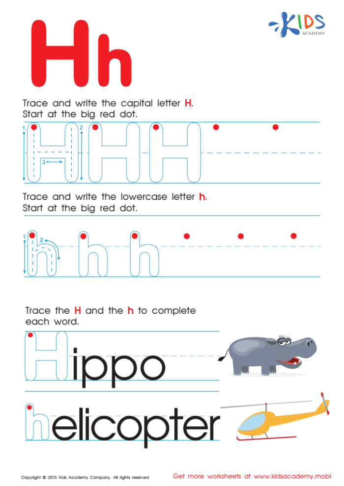 Handwriting practice worksheet for preschoolers focusing on letters h, m, and n Tracing worksheet for lowercase letters h, m, and n designed for young learners