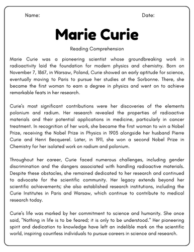 History worksheet for Fourth Grade A fourth-grade worksheet focused on key details in Marie Curie's life and reading strategies. Engaging activity to help students learn effective underlining techniques.
