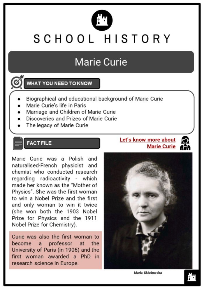 History worksheet for Fourth Grade Worksheet designed to help fourth graders track key details in Marie Curie's life. Engaging activity on underlining important information while reading.