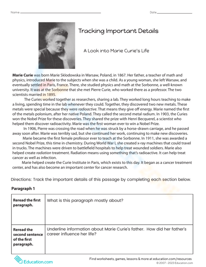 History worksheet for Fourth Grade Worksheet focused on Marie Curie's life, encouraging fourth graders to track important details while reading. Educational activity to help students learn effective underlining techniques.