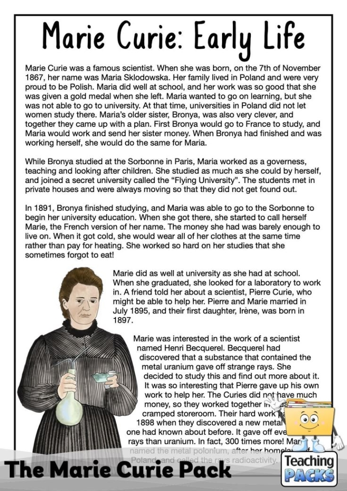 Tracking Important Details: Marie Curie's Life Worksheet Image 25 Worksheet illustrating key details of Marie Curie's life for fourth graders