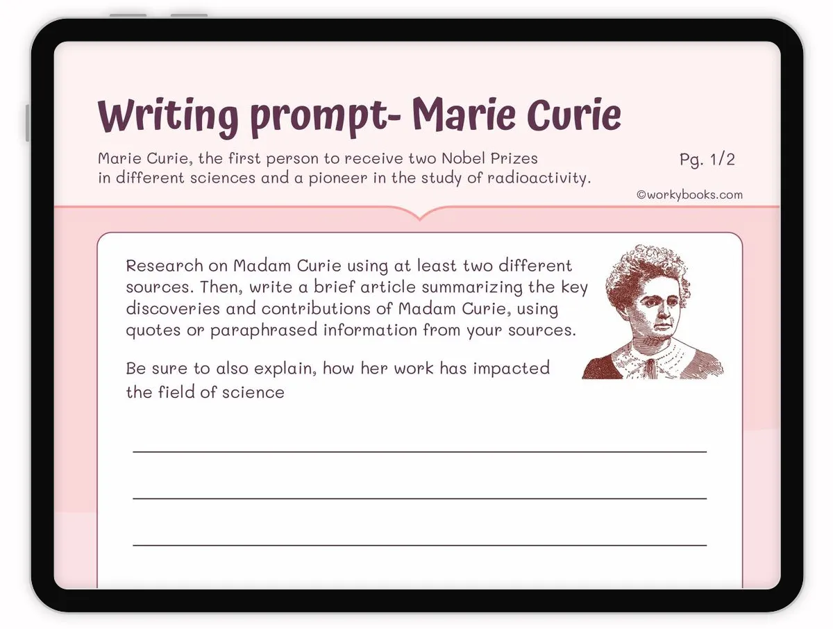 Activity sheet for tracking important details in Marie Curie's biography Marie Curie's Life worksheet for fourth graders highlighting key details