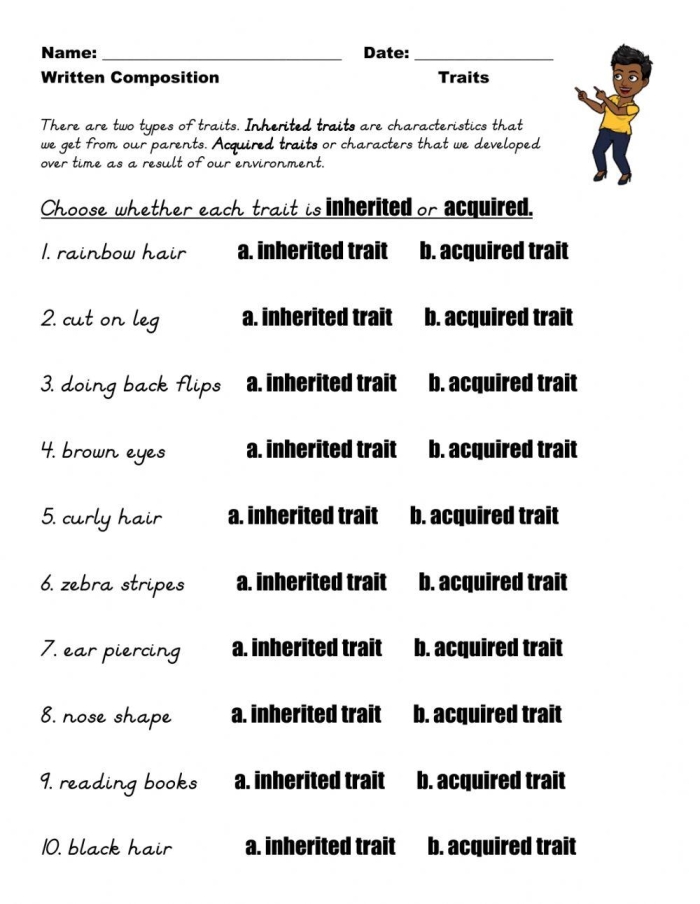 Engaging life science worksheet for sixth-grade students on inheritance of traits Worksheet illustrating the concept of trait inheritance through natural and artificial selection