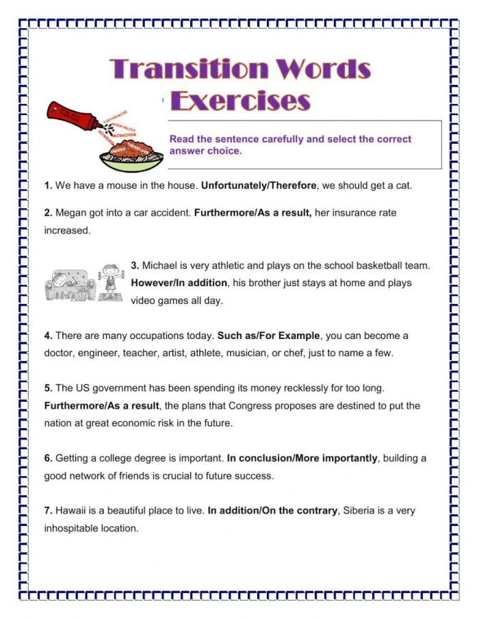 Worksheet featuring transition words for argument writing practice in sixth grade